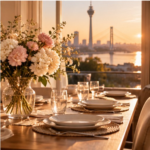 Liebevoll gedeckter Esstisch mit Blumen, im Hintergrund der Rheinturm